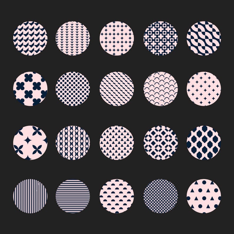 May include: A collection of twenty circular designs, each featuring a unique pattern in navy blue against a pale pink background. The patterns include chevrons, dots, geometric shapes, and stripes, all set against a dark gray backdrop.