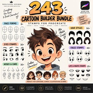 Könnte beinhalten: Ein digitales Cartoon-Builder-Set für Procreate mit 243 Stempeln, darunter Gesichtsformen, Frisuren, Augen, Nasen, Ohren und Lippen. Die Grafik zeigt eine zentrale Illustration einer Cartoon-Figur mit braunen Haaren und grauem Hoodie.