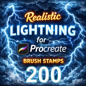 May include: A digital art graphic with a blue and white lightning storm background. The text reads "Realistic LIGHTNING for Procreate BRUSH STAMPS 200". A Procreate app icon is also present.