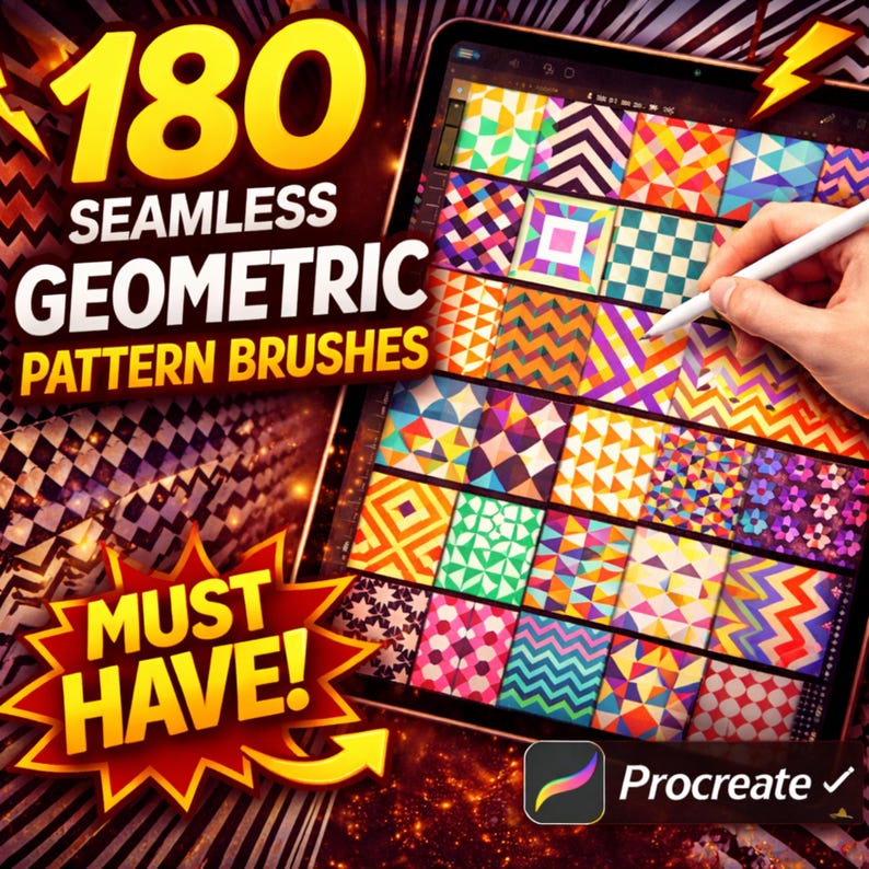 180 Seamless Geometric Pattern Brushes for Procreate Repeating Background Designs for Art Projects Creators image 1