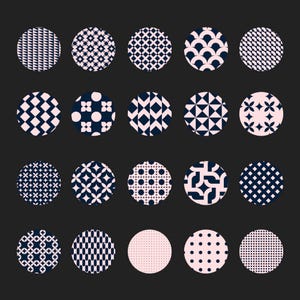 May include: A collection of 18 navy blue and light pink patterned circles arranged on a dark gray background. Each circle features a unique geometric design, including dots, diamonds, and floral patterns. The overall aesthetic is modern and minimalist.
