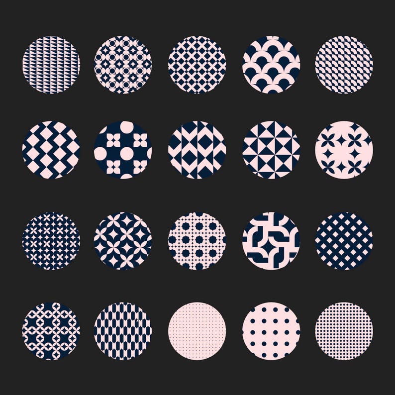 May include: A collection of 18 navy blue and light pink patterned circles arranged on a dark gray background. Each circle features a unique geometric design, including dots, diamonds, and floral patterns. The overall aesthetic is modern and minimalist.
