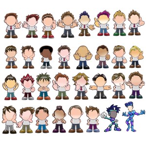 May include: A collection of thirty-two cartoon character illustrations featuring various hairstyles and poses. Most figures wear white t-shirts and pants, while two figures at the bottom right appear in blue and purple robotic-style suits.