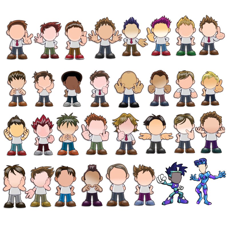 May include: A collection of thirty-two cartoon character illustrations featuring various hairstyles and poses. Most figures wear white t-shirts and pants, while two figures at the bottom right appear in blue and purple robotic-style suits.