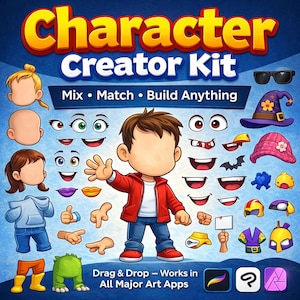 Puede incluir: Kit de arte digital "Character Creator Kit" con elementos para crear personajes de dibujos animados. Incluye rasgos faciales, ropa y accesorios. Se muestra el texto "Mix • Match • Build Anything". Compatible con las principales aplicaciones de arte.