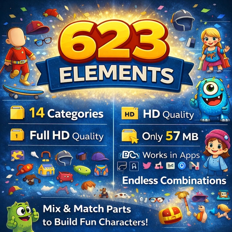 Character Creator Kit, 623 Elements Faces Bodies Eyes Hands Drag and Drop Builder. image 7