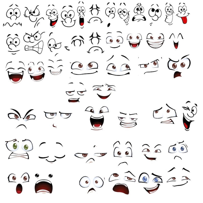 May include: A collection of various cartoon facial expressions arranged in a grid. The set features diverse eyes, eyebrows, and mouths depicting emotions such as joy, anger, surprise, sadness, and confusion, rendered in black outlines with color.