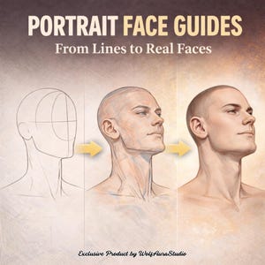 Könnte beinhalten: Buchcover mit dem Titel "PORTRAIT FACE GUIDES" und dem Untertitel "From Lines to Real Faces". Das Bild zeigt eine Schritt-für-Schritt-Anleitung zum Zeichnen eines Porträts, beginnend mit einer einfachen Umrisszeichnung und fortschreitend zu einer realistischen Darstellung eines männlichen Gesichts.