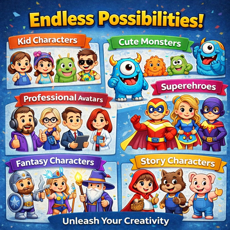 May include: A digital graphic titled Endless Possibilities featuring cartoon character categories including Kid Characters, Cute Monsters, Professional Avatars, Superheroes, Fantasy Characters, and Story Characters, with the text Unleash Your Creativity.