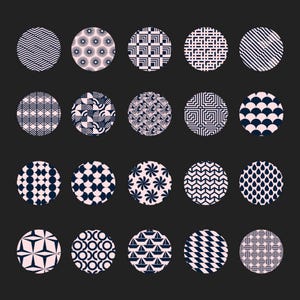 May include: A collection of fifteen navy blue and light pink patterned circles arranged on a dark gray background. Each circle features a unique geometric design, including stripes, zigzags, and floral patterns. The overall design is modern and minimalist.
