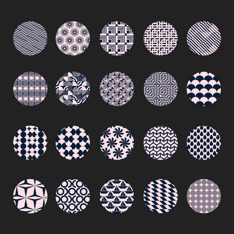 May include: A collection of fifteen navy blue and light pink patterned circles arranged on a dark gray background. Each circle features a unique geometric design, including stripes, zigzags, and floral patterns. The overall design is modern and minimalist.