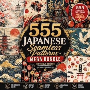 Op de afbeelding: Een digitale kunstbundel met 555 Japanse naadloze patronen. De afbeelding toont verschillende ontwerpen met kersenbloesems, pagodes, geisha's, samoerai en kranen. De centrale afbeelding luidt "555 Japanese Seamless Patterns MEGA BUNDLE."