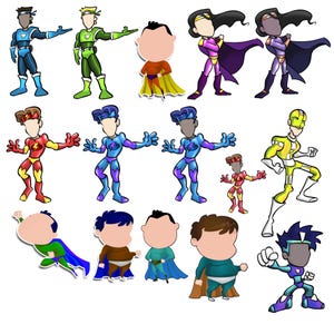 May include: A collection of cartoon superhero stickers featuring various characters in dynamic poses. The figures wear colorful costumes in shades of blue, green, yellow, red, and purple, with capes, masks, and emblems. Each character has a blank face.