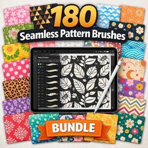 May include: A digital tablet shows a black and white floral design, accompanied by a stylus. The image features 180 seamless pattern brushes in diverse styles, such as floral, geometric, and animal prints. An orange banner displays the word "BUNDLE".