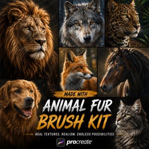 Puede incluir: Una colección de arte digital con retratos de león, lobo, leopardo, zorro, caballo, golden retriever y gato. El texto dice: MADE WITH ANIMAL FUR BRUSH KIT, REAL TEXTURES. REALISM. ENDLESS POSSIBILITIES. e incluye el logotipo de Procreate.