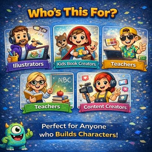 May include: A digital graphic featuring the text Who's This For? and Perfect for Anyone who Builds Characters! with five illustrated panels showing an illustrator, kids book creators, two teachers, and a content creator, plus a small green monster.