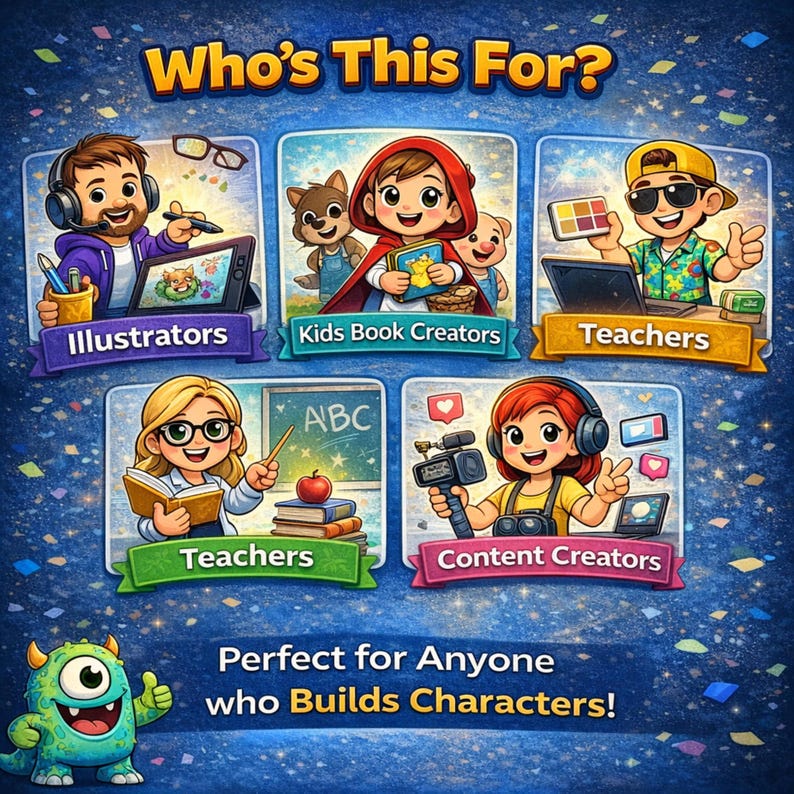May include: A digital graphic featuring the text Who's This For? and Perfect for Anyone who Builds Characters! with five illustrated panels showing an illustrator, kids book creators, two teachers, and a content creator, plus a small green monster.
