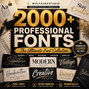 Op de afbeelding: Een digitale productadvertentie voor een collectie van 2000+ professionele lettertypes van WolfauraStudio. De afbeelding bevat gouden en witte tekst op een zwarte achtergrond, met diverse lettertypestijlen zoals script en serif.