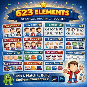 May include: A digital character creation kit featuring 623 elements organized into 14 categories including boy bodies, girl bodies, monster bodies, faces, eyes, mouths, hands, and speech bubbles, displayed on a blue background with a character example.