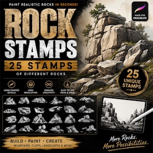 Puede incluir: Un conjunto de pinceles digitales titulado Rock Stamps que incluye 25 sellos de rocas únicos para Procreate. La imagen muestra una colección de ilustraciones de rocas en escala de grises, un paisaje en una tableta y texto descriptivo.