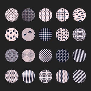 May include: A collection of twenty circular designs with various patterns. The designs are in a palette of dark navy blue and light pink, set against a black background. Patterns include geometric shapes, dots, and stylized illustrations.