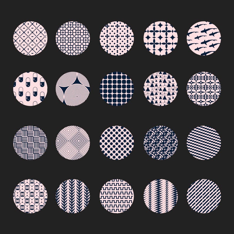 May include: A collection of twenty circular designs with various patterns. The designs are in a palette of dark navy blue and light pink, set against a black background. Patterns include geometric shapes, dots, and stylized illustrations.