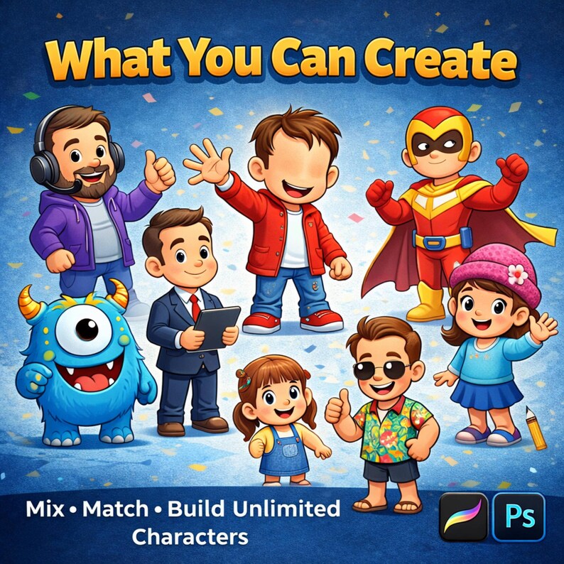 May include: A digital illustration featuring the text What You Can Create and Mix Match Build Unlimited Characters. Eight cartoon characters are displayed, including a gamer, a business professional, a superhero, and a blue monster.