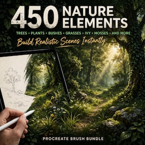 May include: Digital art bundle with 450 nature elements, including trees, plants, and grasses. The image shows a tablet with a drawing of a tree, with a forest scene in the background. Text reads "Build Realistic Scenes Instantly" and "Procreate Brush Bundle."