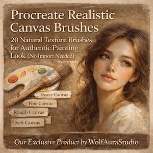 May include: An artistic image promoting Procreate Realistic Canvas Brushes. The image features a woman with long brown hair, a palette with paint, and a paintbrush. Text includes "20 Natural Texture Brushes" and "Our Exclusive Product by WolfAuraStudio."