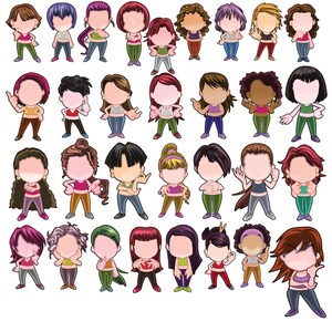 May include: A collection of thirty-one cartoon-style character illustrations featuring diverse hairstyles and colors, each wearing a cropped tank top and fitted pants. The figures are depicted in various standing poses with blank faces.
