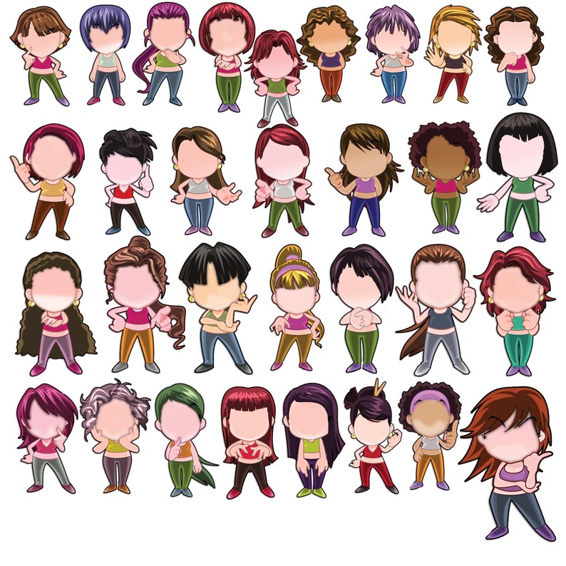 May include: A collection of thirty-one cartoon-style character illustrations featuring diverse hairstyles and colors, each wearing a cropped tank top and fitted pants. The figures are depicted in various standing poses with blank faces.