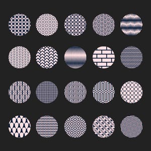 May include: A collection of twenty circular designs with various patterns. The designs are in shades of white and navy blue, set against a dark gray background. The patterns include geometric shapes, lines, and textures, creating a visually diverse set.