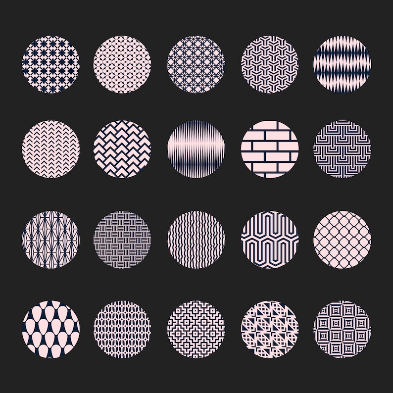May include: A collection of twenty circular designs with various patterns. The designs are in shades of white and navy blue, set against a dark gray background. The patterns include geometric shapes, lines, and textures, creating a visually diverse set.