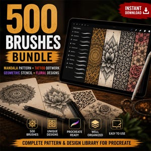 Procreate Mandala Brushes Bundle, Tattoo Dotwork, Geometric Stencil, Floral Designs (Digital Download)