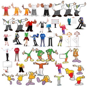 May include: A collection of headless cartoon character illustrations featuring diverse outfits, poses, and accessories including blank signs, briefcases, mobile phones, and laptops, displayed in various colors and styles on a plain white background.