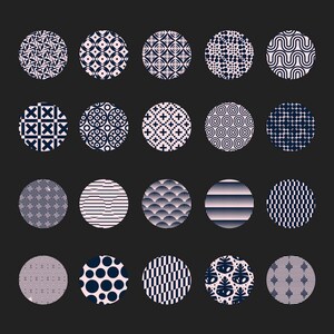 May include: A collection of twenty circular designs with various patterns in navy blue and off-white. The patterns include geometric shapes, dots, and lines, arranged on a dark gray background. The designs are evenly spaced and visually appealing.