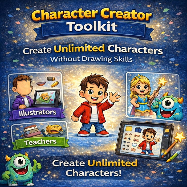 May include: A digital graphic titled Character Creator Toolkit featuring the text Create Unlimited Characters Without Drawing Skills. The image displays cartoon characters, a tablet showing character design software, and a blue starry background.