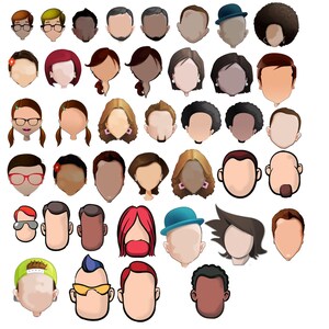 May include: A collection of diverse illustrated character heads featuring various hairstyles, skin tones, and accessories including glasses, hats, and earrings. The set displays a wide range of facial features and hair colors in a flat, graphic art style.