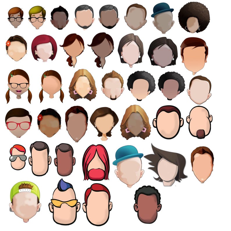 May include: A collection of diverse illustrated character heads featuring various hairstyles, skin tones, and accessories including glasses, hats, and earrings. The set displays a wide range of facial features and hair colors in a flat, graphic art style.