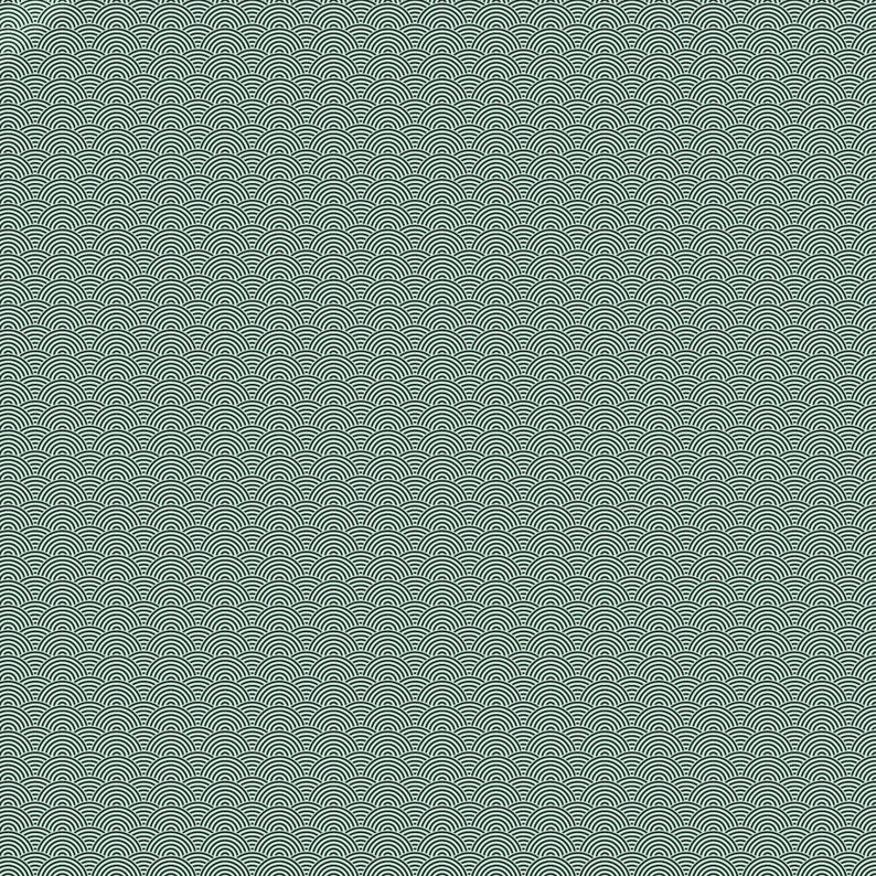 May include: A seamless pattern featuring a repeating design of semi-circles in a muted teal color. The pattern creates a textured, wave-like effect, suitable for various design applications.