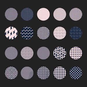 May include: A collection of 18 circular designs with various patterns. The patterns include dots, lightning bolts, triangles, and geometric shapes. The color palette consists of navy blue, light pink, and white on a black background. These designs could be used for various graphic design projects.