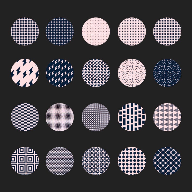 May include: A collection of 18 circular designs with various patterns. The patterns include dots, lightning bolts, triangles, and geometric shapes. The color palette consists of navy blue, light pink, and white on a black background. These designs could be used for various graphic design projects.