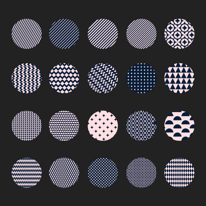 May include: A collection of twenty circular designs with various patterns. The patterns include stripes, chevrons, diamonds, and geometric shapes. The color palette consists of navy blue and white designs on a dark gray background.