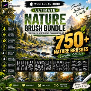 Könnte beinhalten: Eine digitale Produktwerbung für das Ultimate Nature Brush Bundle für Procreate von WolfauraStudio. Die Grafik zeigt eine Berglandschaft, Text mit über 750 Naturbürsten und Kategorien wie Bäume, Blätter, Blumen und Felsen.