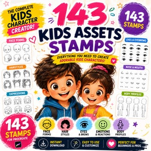 Puede incluir: Un paquete de activos digitales titulado 143 Kids Assets Stamps para Procreate, con ilustraciones de un niño y una niña. El conjunto incluye varios sellos para formas de cara, peinados, ojos, cejas, narices, bocas, expresiones y perfiles corporales.