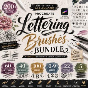 Op de afbeelding: Een Procreate lettering brushes bundel met 200+ creatieve assets. Inclusief lettering- en kalligrafie penselen, decoratieve vormen en texturen. Bevat 60 lettering penselen, 40 bloemen penselen, 100 letter stempels en 0-9 nummer stempels.
