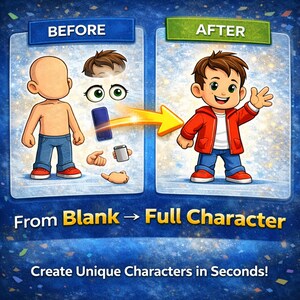 May include: A digital illustration showing a before and after process of character creation. The left side displays a blank character with separate hair, eyes, and accessories. The right side shows a completed character wearing a red jacket.