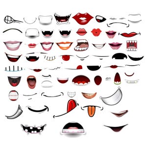 May include: A collection of various cartoon mouth illustrations featuring diverse expressions, including wide grins, open mouths with teeth, red lips, tongues sticking out, and simple line-drawn smiles arranged in a grid on a white background.