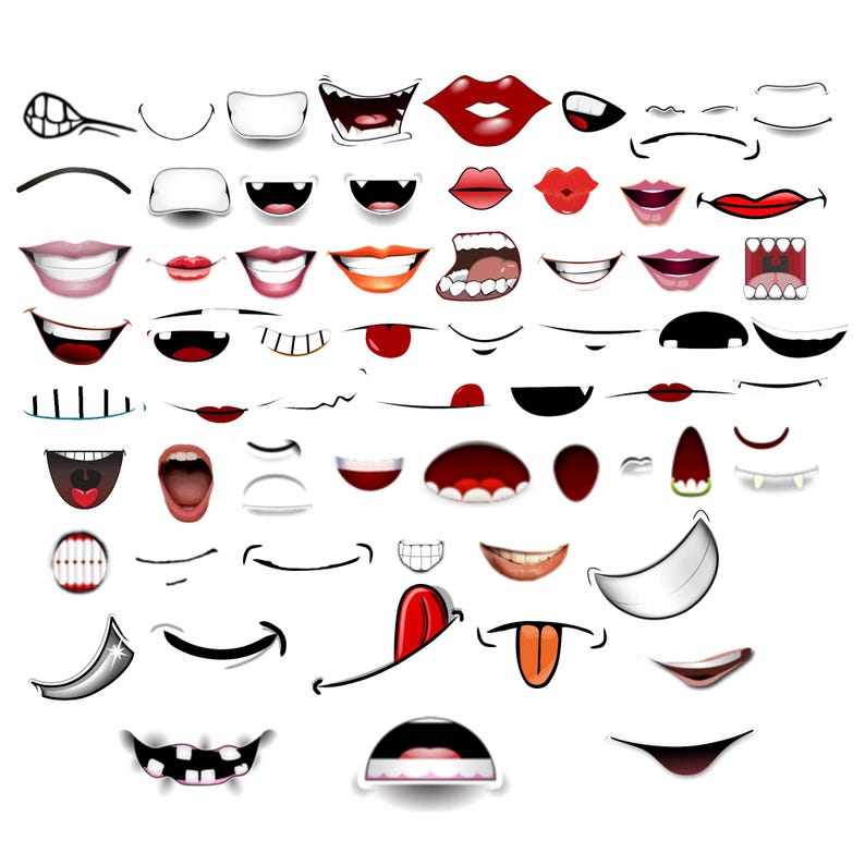 May include: A collection of various cartoon mouth illustrations featuring diverse expressions, including wide grins, open mouths with teeth, red lips, tongues sticking out, and simple line-drawn smiles arranged in a grid on a white background.