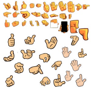 May include: A collection of cartoon-style hand illustrations in various poses, including thumbs up, pointing, open palms, fists, and gestures holding a blank white rectangular sign or a black smartphone, rendered in shades of orange and light tan.